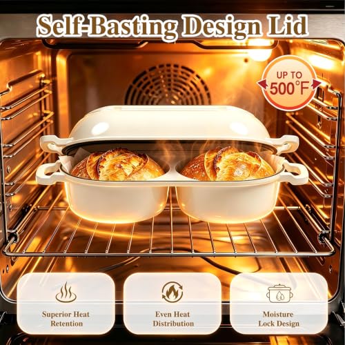 Cream White Dutch Oven for Sourdough Bread Baking with Lid & Banneton Proofing Baskets