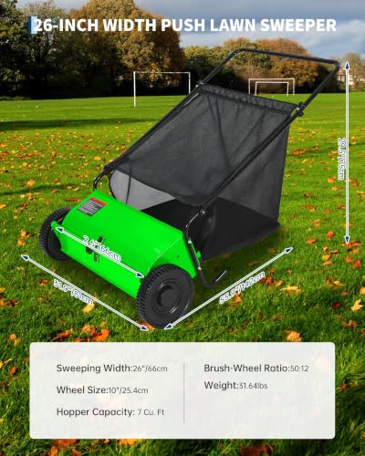 Push Lawn Sweeper 26-Inch Green with 7 Cu.Ft Hopper & Adjustable Brush