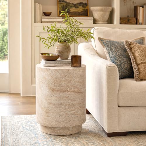 Ivory 18-Inch Round Side Table - Travertine-Style Cement Drum Accent