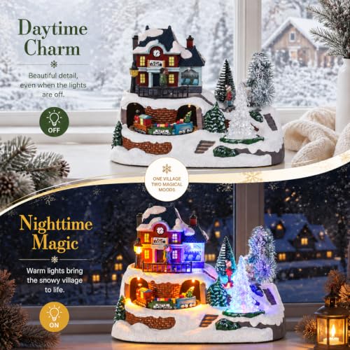 Animated Christmas Village Ski Mountain with Moving Train & Skaters - Holiday Decor