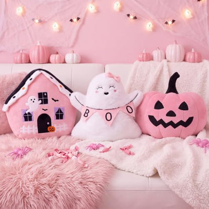 Pink Halloween Pumpkin Throw Pillows Set - Ghost & Boo Decor, 3 Pieces with Embroidered Details