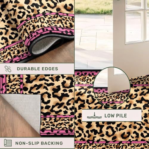 Pink Leopard Border Runner Rug 2x6 Feet - Stylish Cheetah Pattern, Non-Slip, Washable