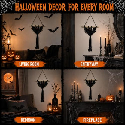 Halloween Boho Macrame Bat Wall Hanging - Black Bat Variation
