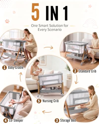 Baby Bassinet Bedside Cradle Rocking Sleep Solution - Light Grey