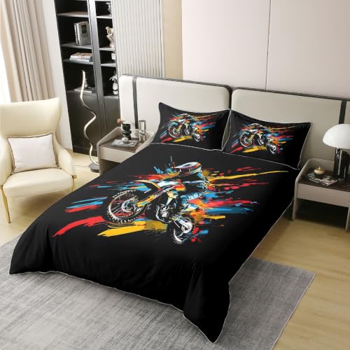 Kids Dirt Bike Duvet Cover Set - Full Size Cotton Racing Motocross Bedding with Zipper Closure - Black Red Variation