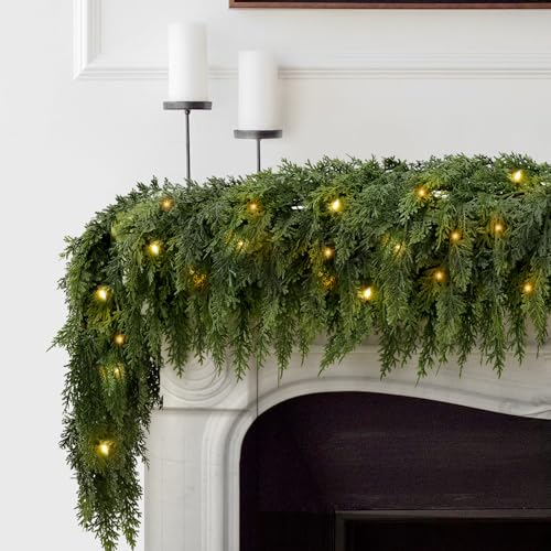 9FT Christmas Garland with Lights - 2 Pack Real Touch Cedar Wreath