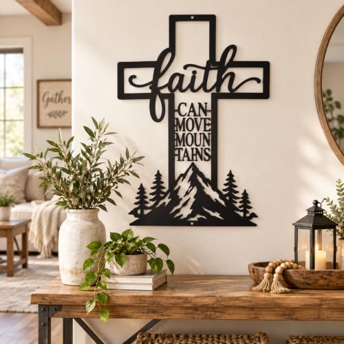 Christian Cross Wall Art - Faith Can Move Mountains Metal Decor