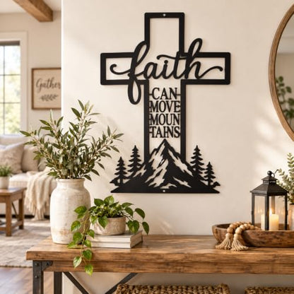 Christian Cross Wall Art - Faith Can Move Mountains Metal Decor