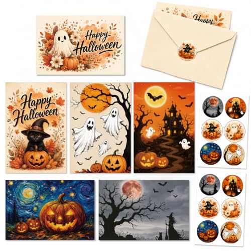 Halloween Greeting Cards Set with Envelopes and Stickers - 24 Pack 4x6in