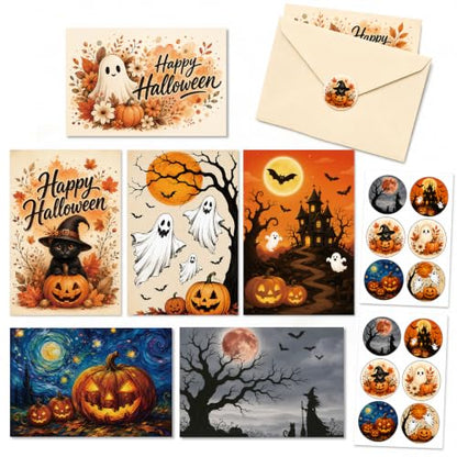 Halloween Greeting Cards Set with Envelopes and Stickers - 24 Pack 4x6in