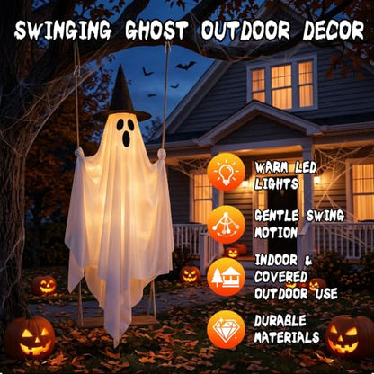 Halloween Outdoor Swinging Ghost Decor - 5.1FT Spooky Hanging Ghost with Lights