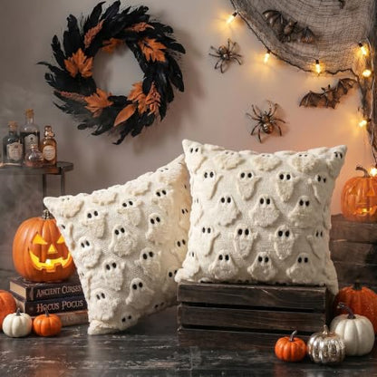 Halloween Pillow Covers 18x18 Inch Set of 2 Beige Ghost Decor
