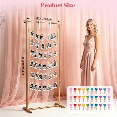 60 Inch Metal Photo Display Board with 30 Wooden Clips - Rustic Gallery Wall