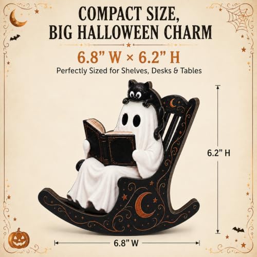 Halloween Ghost Decor - Reading Ghost Tabletop with Cat, Cozy Book Lover Halloween Decorations - Ghost Cat Book Variation