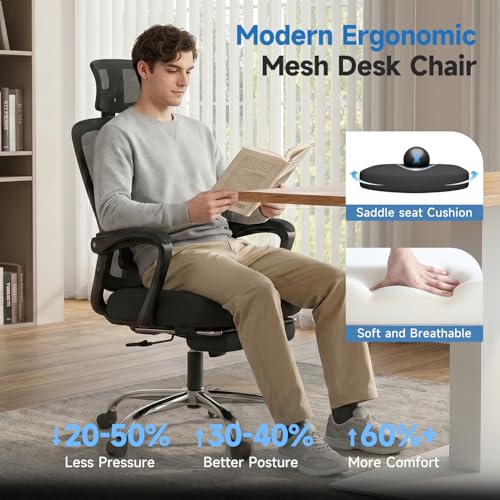 Ergonomic Office Chair with Footrest & Mesh Back, Reclines 90-145°, Black Silver