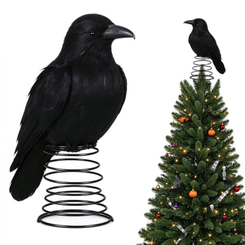 Halloween Black Crow Tree Topper with Feather Design and Metal Spring Base