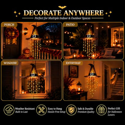 Halloween Hanging Witch Hat with Lights - Black 1PC with Cascading Star Tassels