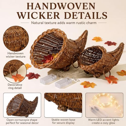 2 Pack Woven Rattan Cornucopia Basket with LED String Lights - Farmhouse Thanksgiving Decor