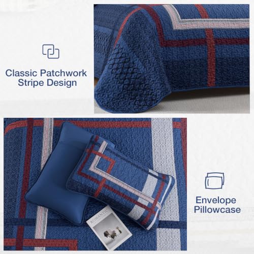 WONGS BEDDING Navy Blue Quilt Set Queen Size 3 Pieces Boho Stripe Bedspread