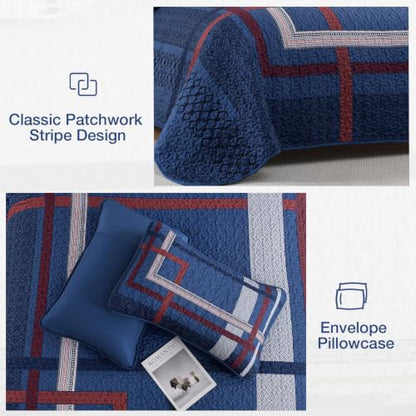 WONGS BEDDING Navy Blue Quilt Set Queen Size 3 Pieces Boho Stripe Bedspread
