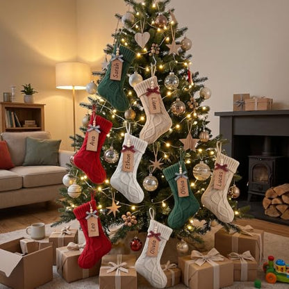 Large Christmas Stockings with Name Tags - 8 Pack in Red, Green, White, Khaki