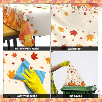 Thanksgiving Disposable Tablecloths Pumpkin Maple Leaf Pattern 3 Pack 54x108 Inches - Fall Party Decor