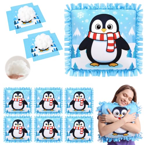 Penguin Pillow Craft Kit - No Sew Fleece Tie Pillows with Stuffing - 6 Sets