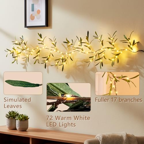 Lighted Artificial Olive Garland 6FT with Warm White LEDs for Home Decor
