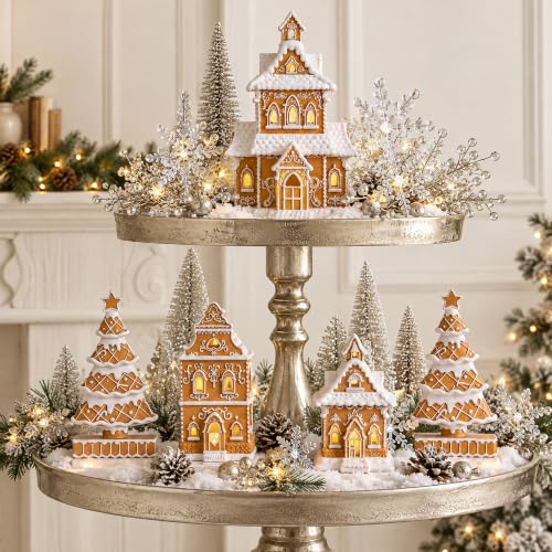 Gingerbread House Christmas Decorations - 5PCS Village Set with Trees - Classic Brown