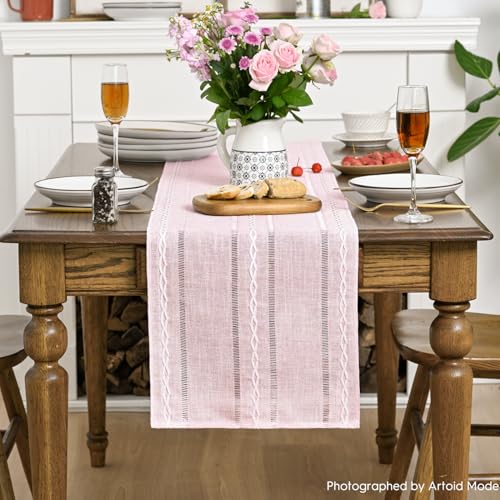 Pink Rustic Cotton Linen Table Runner 13x90 Inch - Artoid Mode