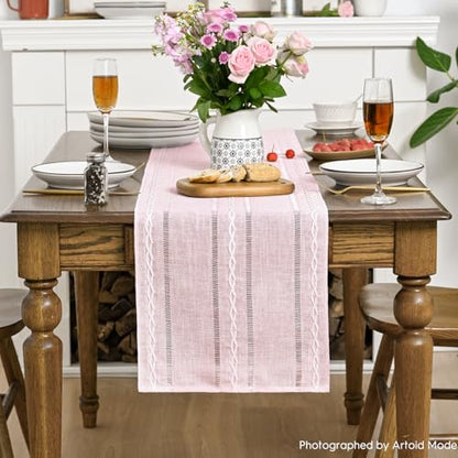 Pink Rustic Cotton Linen Table Runner 13x90 Inch - Artoid Mode