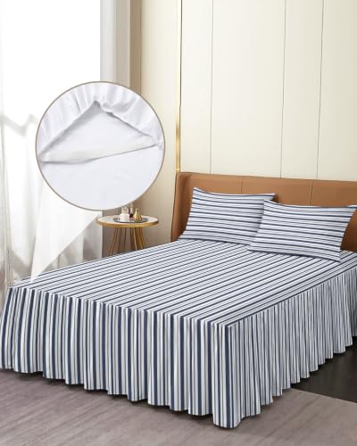 Blue Full Size Ruffle Bedspread Set with Bedskirt and Pillow Shams – Navy Striped Bedding Cover