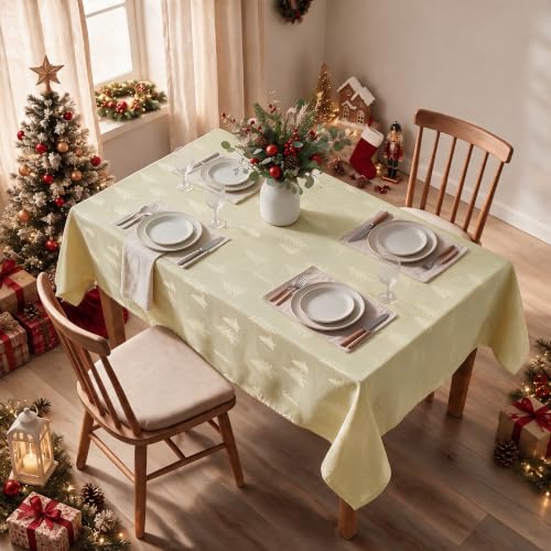 Cream Jacquard Tablecloth 60x84 Inches Rectangle Christmas Trees Snow Beige