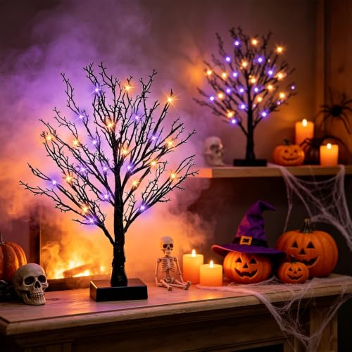 Orange Purple 2-Pack 24-Inch Black Halloween Trees with LED Lights & Timer