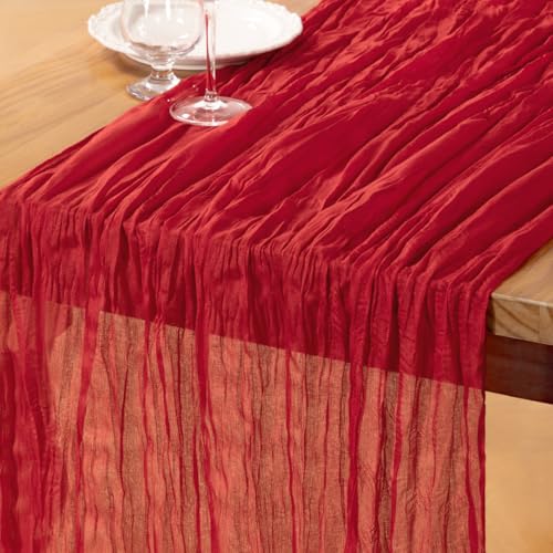 DeZerlor Red Cheesecloth Table Runner - Christmas Boho Rustic Decor, 35 x 120 Inches, 1 Pack