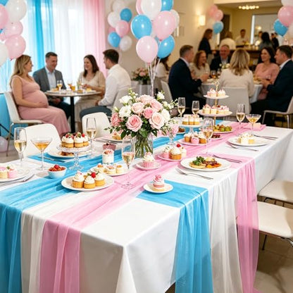 Pink and Blue Chiffon Table Runners Set of 6 10Ft for Baby Shower Wedding Party