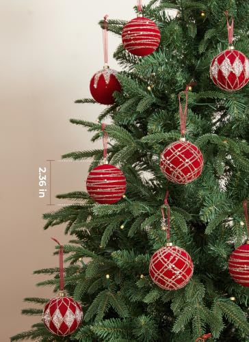 Velvet Christmas Ornament Balls Set - 12 Glitter Flocked Holiday Decorations