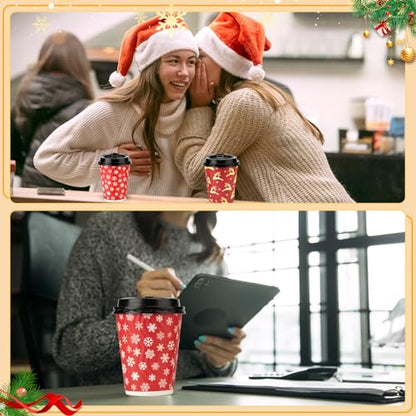 Christmas Cups with Lid 12oz Elk Snowflake Design - Pack of 100, Holiday Party Tableware