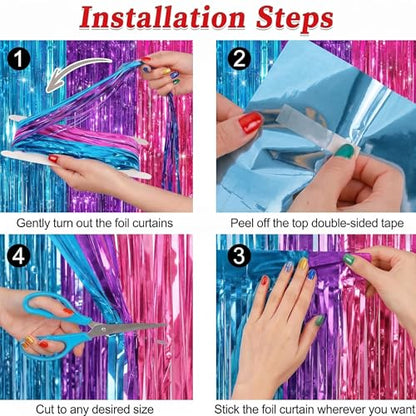 Blue Purple Pink Foil Fringe Curtain 2 Pack Tinsel Backdrop for Party Decorations - Variation of Blue Purple Pink / 2 PCS