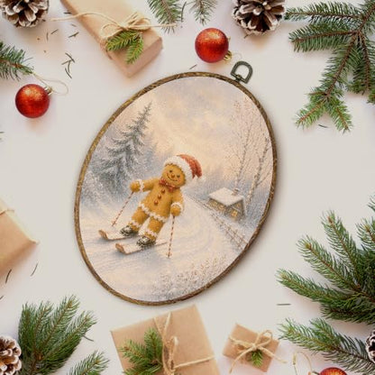 Lengues Winter Gingerbread Ski Oval Wall Art - Framed Hanging Decor 8.5x11.5