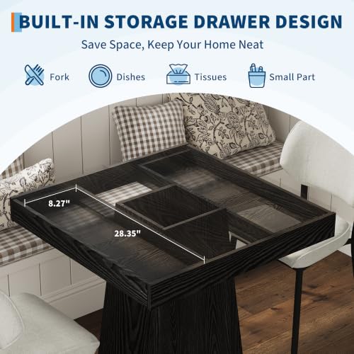 Black Small Farmhouse Dining Table with Drawers - 31.5 Inch Kitchen Table