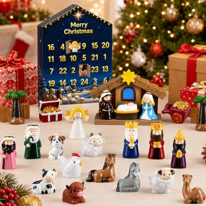 Nativity Advent Calendar with Resin Figures - 24 Day Christmas Scene Set