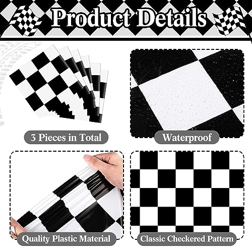 Preboun 3 Pcs Black White Checkered Plastic Table Runner 14x108 Inches - Racing Theme Party Supplies