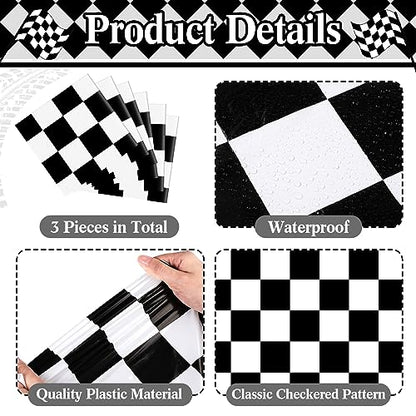 Preboun 3 Pcs Black White Checkered Plastic Table Runner 14x108 Inches - Racing Theme Party Supplies