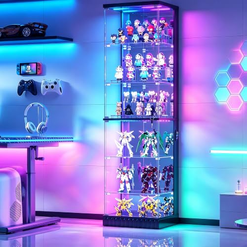 6-Tier Corner Display Cabinet with RGB Lights, Lockable Glass Doors