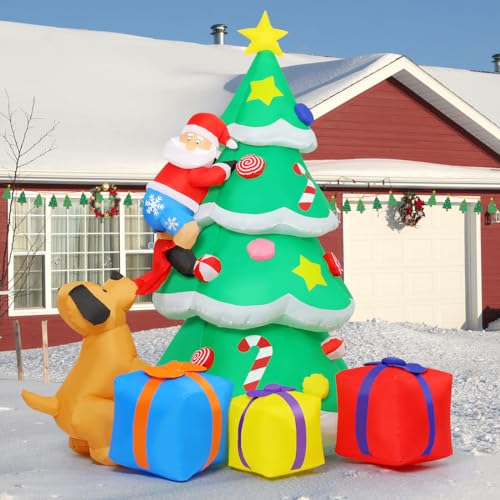 7 FT Inflatable Christmas Tree with LED Lights, Outdoor Yard Decor, Claus & Gift Boxes