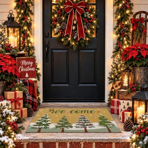 Christmas Welcome Mat 16x30 Inch Non-Slip Faux Coir Front Door Rug with Christmas Tree Pattern