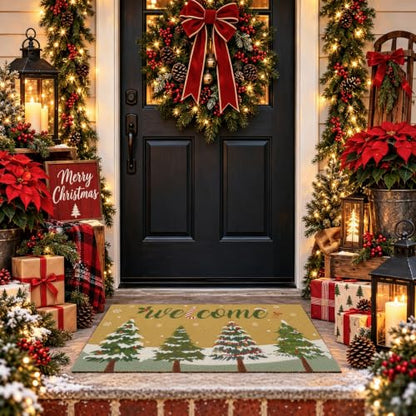 Christmas Welcome Mat 16x30 Inch Non-Slip Faux Coir Front Door Rug with Christmas Tree Pattern