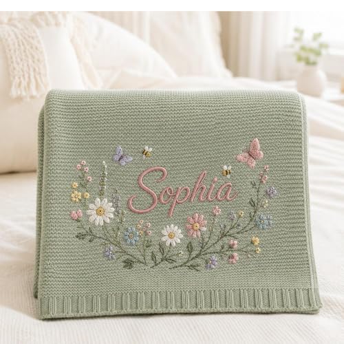Baby Blanket Custom Embroidered Floral Knitted Nursery Throw - Style 1