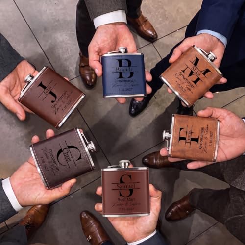 8 Pcs Personalized Groomsmen Gift Set with Engraved 6 Oz Flasks - Wedding Proposal & Party Favors